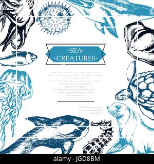 Sea Creatures - color vector hand drawn vintage postcard template with copy space for your text. Realistic turtle, dolphin, killer whale, fur seal, me Stock Vector