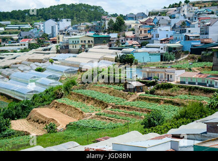 Panoramic view of the Vietnamese town in the mountains. Cascade farming. Stock Photo