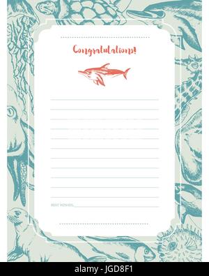 Sea Creatures - green and white vector hand drawn template card. Realistic turtle, dolphin, killer whale, cowfish, fur seal, sea bear, jellyfish, octo Stock Vector