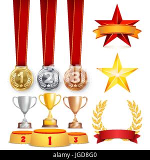 Trophy Awards Cups, Golden Laurel Wreath With Red Ribbon And Gold Shield. Realistic Golden, Silver, Bronze Achievement Medals. Sports Placement Podium. Isolated Vector Illustration Stock Vector