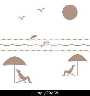 Nice picture on holiday by the sea: the sun, seagulls, dolphins, waves, people in beach chairs under umbrellas on a white background Stock Vector