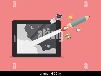 Pencil rocket launch out of computer tablet. Education online or e-learning concept Stock Vector