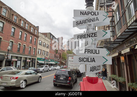 signpost for various italian towns and cities Hanover street italian restaurants north end Boston USA Stock Photo