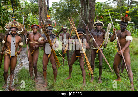 DANI VILLAGE, WAMENA, IRIAN JAYA, NEW GUINEA, INDONESIA – 25 JULY 2009: Dani tribe Warriors. July 2009, 2012 The Baliem Valley, Indonesian, New Guinea Stock Photo