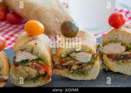 Let's go on a picnic! Gourmet grilled chicken sandwiches served with french rolls, red checkered table cloth and red take-out basket - yum! Stock Photo