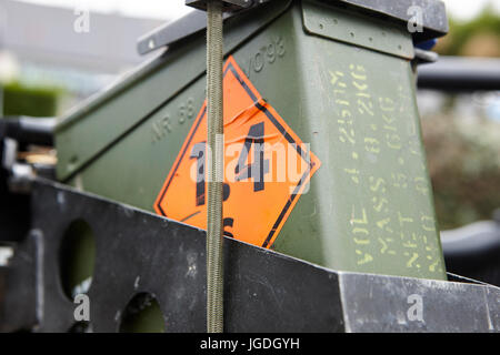 ammunition bullet box for general purpose machine gun weapon mounted on a british army vehicle uk Stock Photo