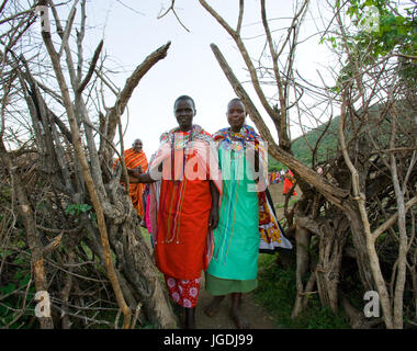 KENYA, MASAI MARA - JULY 19, 2011: Maasai women are standing at the gates of Maasai village. Stock Photo