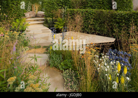 The RHS Watch This Space Garden designed by Andy Sturgeon at The RHS Hampton Court Palace Flower Show, July 2017, East Molesley, Surrey, UK Stock Photo
