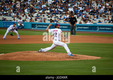 Dodger ace pitcher Clayton Kershaw with rookie first baseman Cody Bellinger looking on at dodger Stadium in Los Angeles, CA Stock Photo