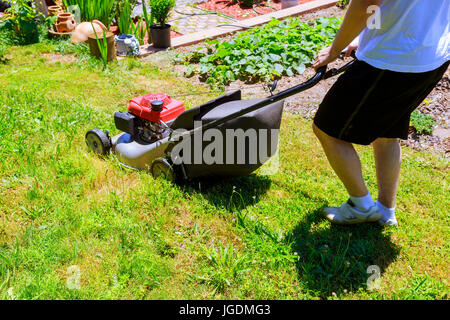 Man mowing the lawn with blue lawnmower in summertime - closeup Stock Photo