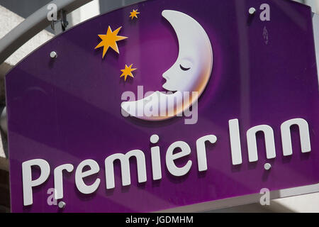 General View GV of a Premier Inn Hotel Chain Sign. Stock Photo