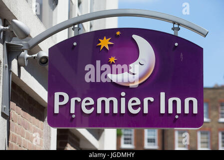 General View GV of a Premier Inn Hotel Chain Sign. Stock Photo