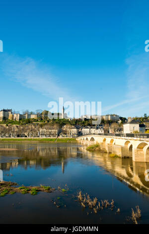 Chinon town and chateau on the banks of the Vienne river on a sunny spring afternoon, Indre-et-Loire, France Stock Photo