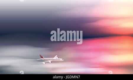 Aeroplane Flying in Clouds at Sunset or Dawn - Vector Illustration Stock Vector