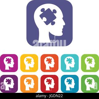 Head with puzzle icons set flat Stock Vector
