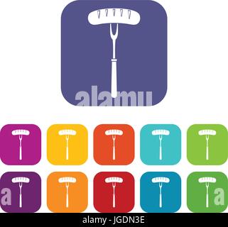 Sausage on bbq fork icons set flat Stock Vector