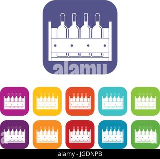 Four bottles of wine in a wooden box icons set Stock Vector