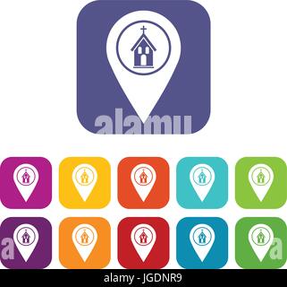 Map pointer with church icon blue - Map Pointer With Church Icons Set Flat Jgdnr9 
