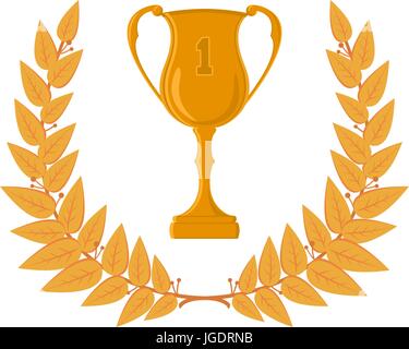 Gold cup and laurel crown, winner and victory illustration, triumphal wreath Stock Vector