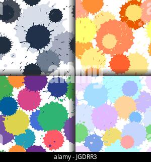 Set of ink and paint spots seamless patterns, vector splattered blots background Stock Vector