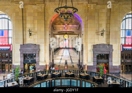 Horizontal photo of the main hall of the Kansas City, MO Union Station all business names/logos and people blurred/edited out Stock Photo