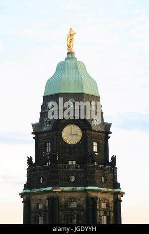 City hall tower of the city of Dresden from the bell tower of the cross church seen., Rathausturm der Stadt Dresden vom Glockenturm der Kreuzkirche au Stock Photo