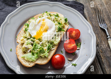 Poached egg on avocado toast. Delicious and healthy snack: mashed avocado with cilantro and sunflower seeds on toasted sourdough bread topped with poa