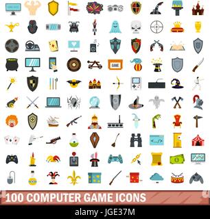 100 computer game icons set, flat style Stock Vector