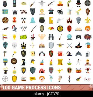 100 game process icons set, flat style Stock Vector