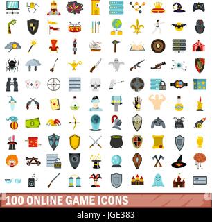 100 online game icons set, flat style Stock Vector