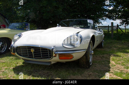 Front view of a white Jaguar sports car on display at a classic car show in Wales, UK Stock Photo