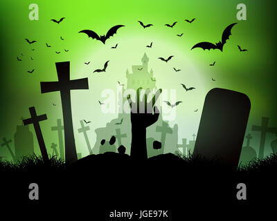 Halloween landscape with zombie hand coming out of a grave Stock Photo