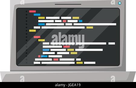 realistic silhouette of laptop computer with screen programming window with script code Stock Vector