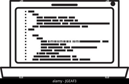 monochrome silhouette of laptop computer with screen programming window with script code Stock Vector