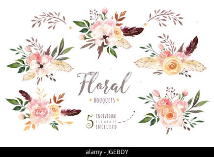 Hand drawing isolated boho watercolor floral illustration with leaves, branches, flowers. Bohemian greenery art in vintage style. Elements for wedding card. Stock Photo