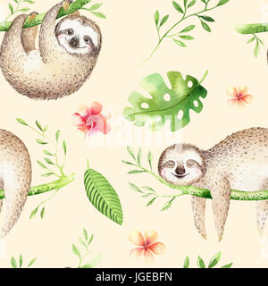 Baby animals sloth nursery isolated seamless pattern painting. Watercolor boho tropical drawing, child tropical drawing cute palm tree leaves, tropic green texture, exotic flower. Aloha baby shower Stock Photo
