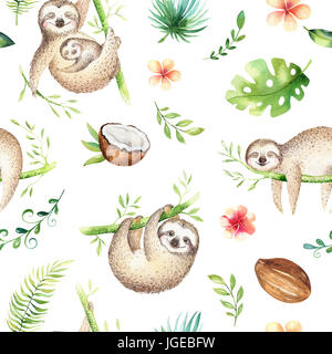 Baby animals sloth nursery isolated seamless pattern painting. Watercolor boho tropical drawing, child tropical drawing cute palm tree leaves, tropic green texture, exotic flower. Aloha baby shower Stock Photo