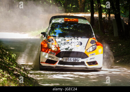 2013 Ford Fiesta R5 M-Sport rally cat with driver Callum Black on the forest rally stage at the 2017 Goodwood Festival of Speed, Sussex, UK. Stock Photo