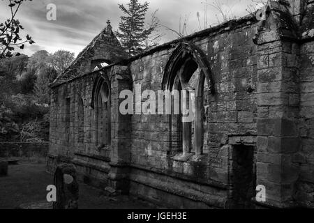 The ruins of Old Temple Kirk, Midlothian, Scotland: black and white version Stock Photo