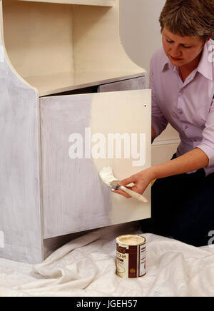 Step x step renovation of cupboard: woman painting cupboard door Stock Photo