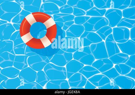 Red pool ring floating in a blue swimming pool. Summer background. Stock Vector