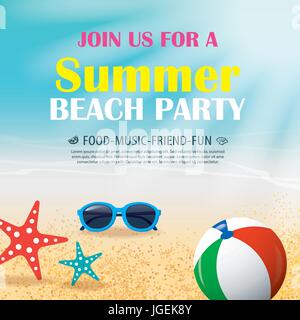 Summer beach party invitation poster with element and blue water. Vector vacation background. Stock Vector