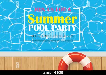 Pool party invitation poster with blue water. Vector summer background. Stock Vector