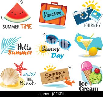 Summer label, banner, tag and elements background set. Vector illustrations for seasonal holiday. Stock Vector