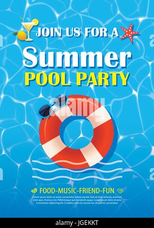 Pool party invitation poster with blue water. Vector summer background. Stock Vector