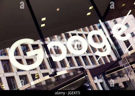 Close-up view of the Google brand name above the entrance of headquarters in London Kings Cross Stock Photo