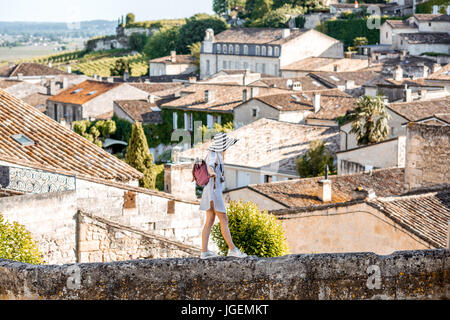 Woman tarveling in Saint Emilion village, France Stock Photo
