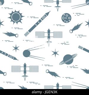 Seamless pattern with variety space exploration elements. Design for banner, poster or print. Stock Vector