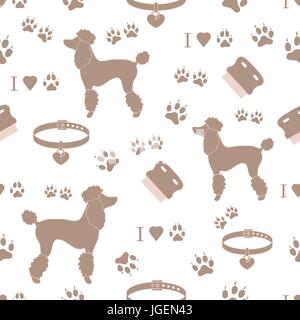 Seamless pattern with poodle silhouette, comb, collar, dog tracks and hearts. Design for banner, poster or print. Stock Vector