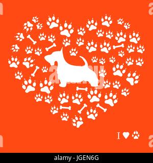 Nice picture of scotch terrier silhouette on a background of dog tracks and bones in the form of heart on a colored background. Stock Vector